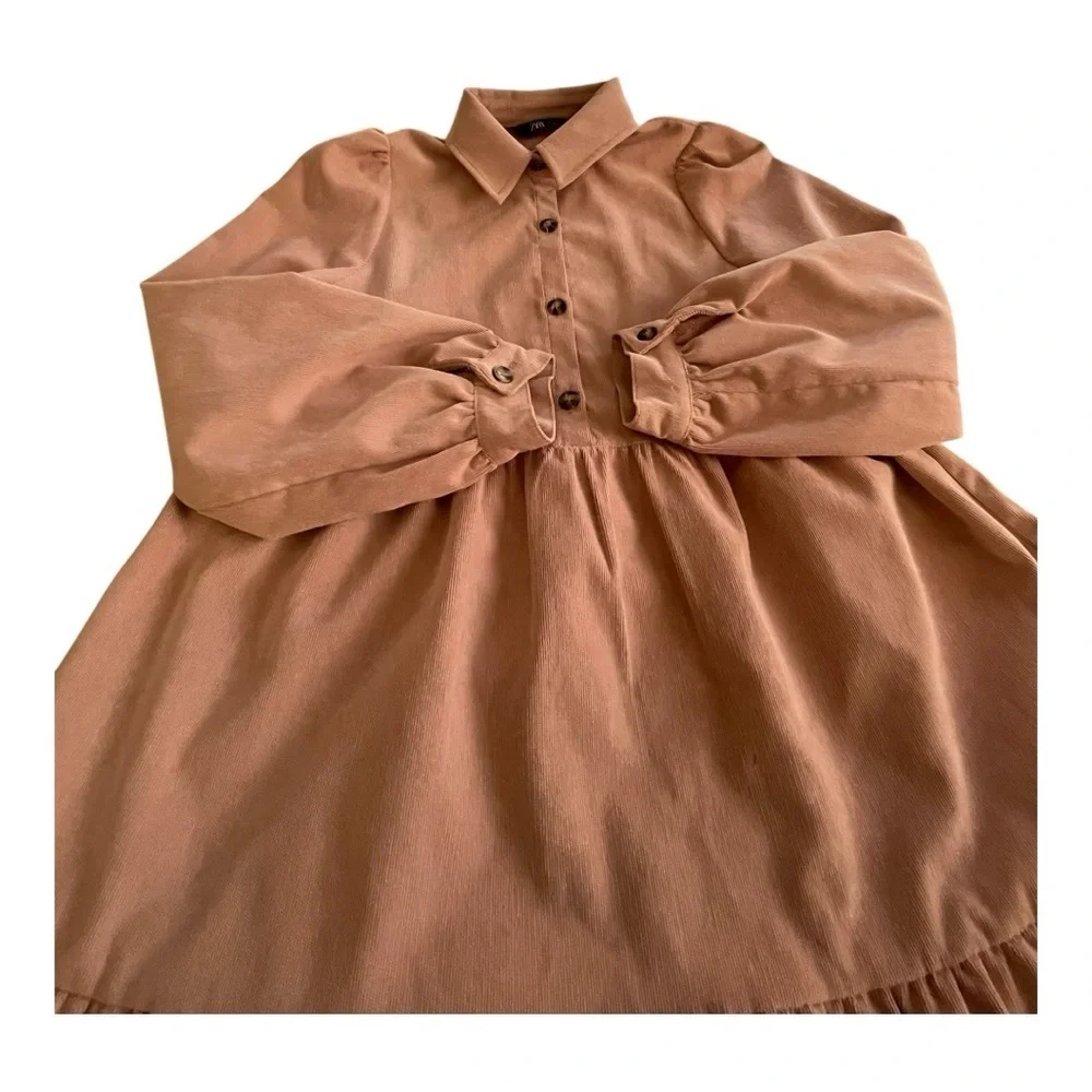 ZARA Pink Corduroy Babydoll Dress Size Small Tiered Casual Summer Spring Boho - Picture 3 of 11